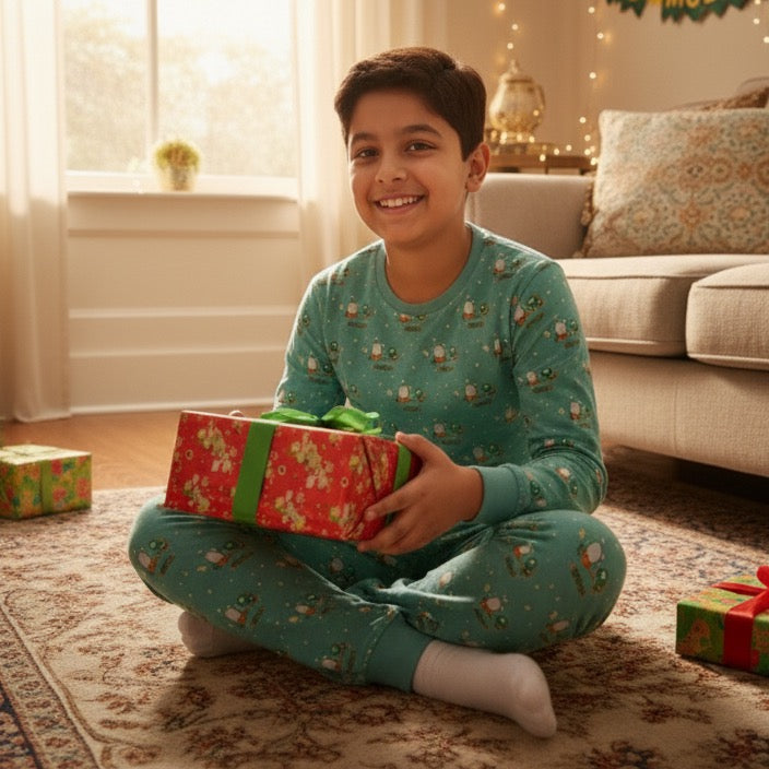 Child in pajamas holding a gift box in a cozy living room.