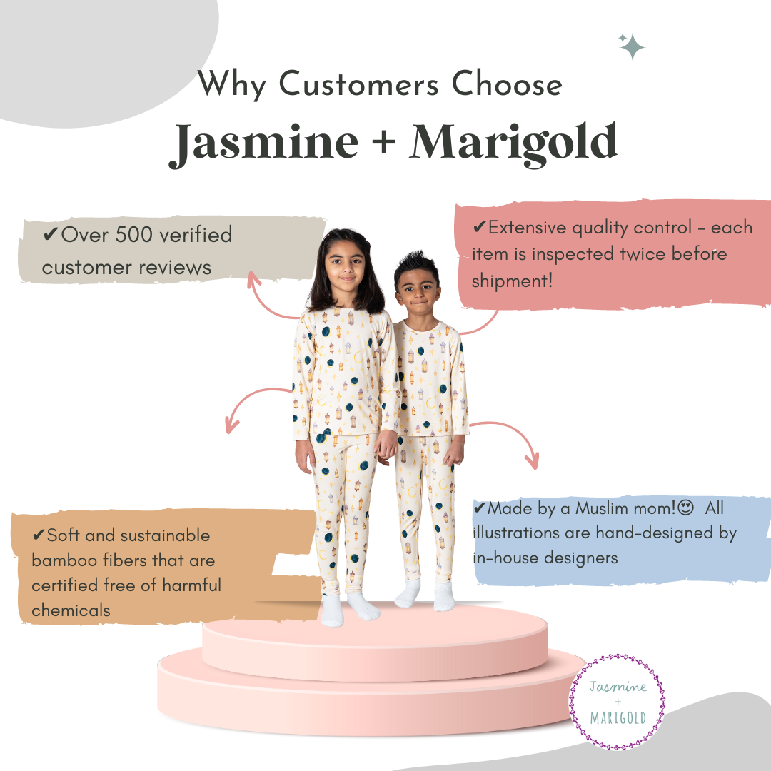 infographic sharing why customers choose Jasmine and marigold, including over 500 verified reviews, quality control, soft and sustainable bamboo, muslim mom made