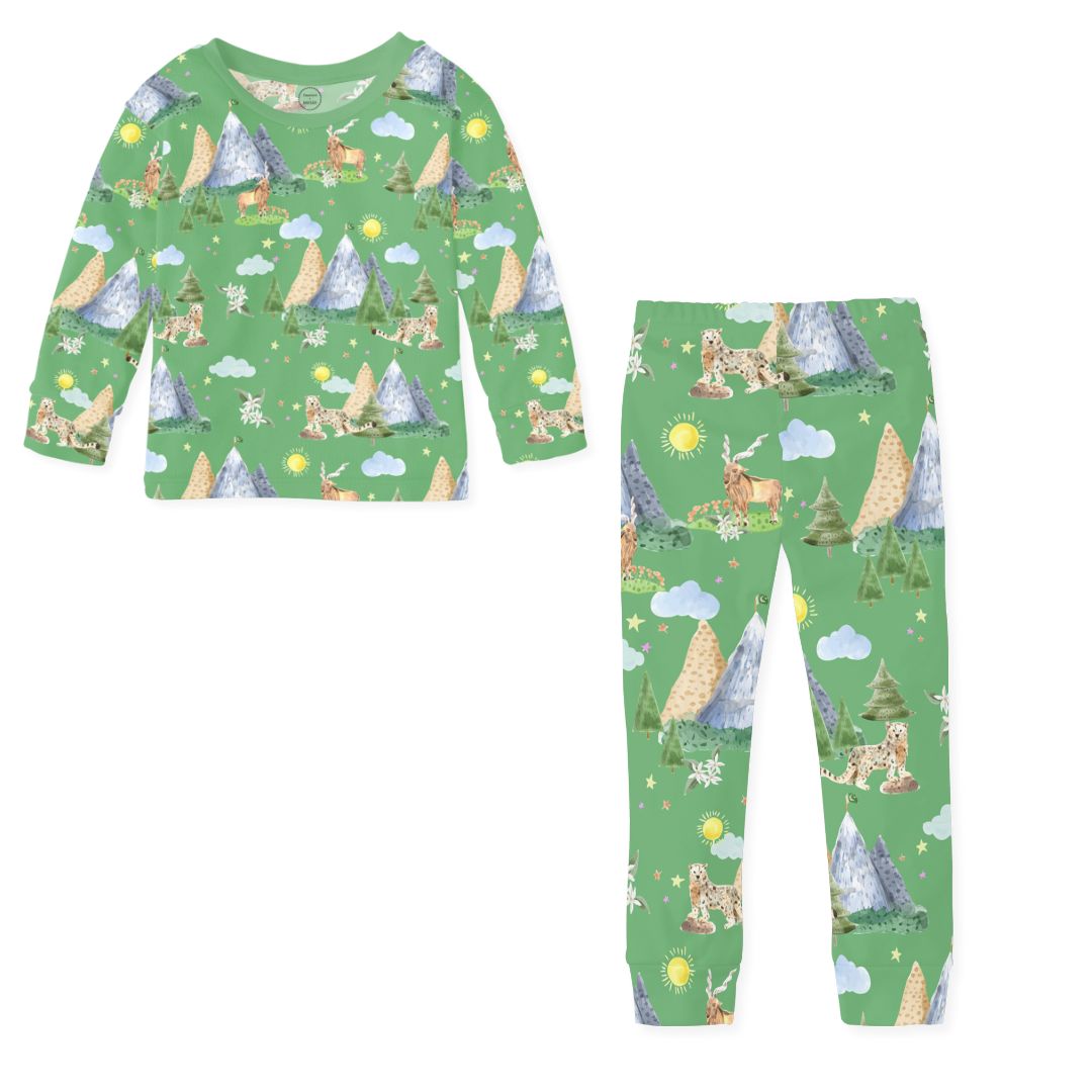 mock up flat lay of pajama set with mountains and animals.