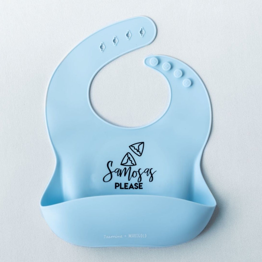 blue samosas please bib on a white background