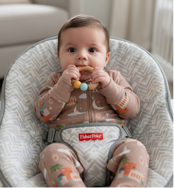 Baby sitting in a textured chair wearing a colorful outfit with a visible brand logo.