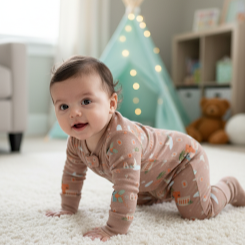 Baby in a brown outfit crawling on a carpeted floor with a teepee in the background