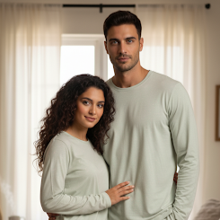 Man and woman wearing matching light gray pajamas standing in a bedroom.