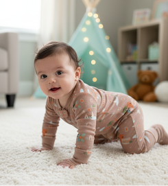 Baby crawling on a carpeted floor with a colorful teepee in the background