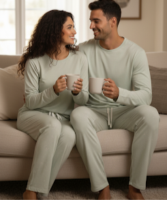 Man and woman in matching pajamas sitting on a couch holding coffee mugs.