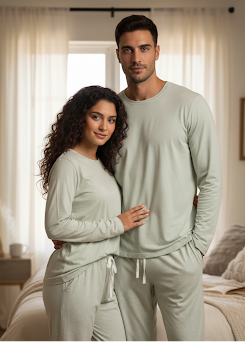 Man and woman in matching mint pajama sets standing in a bedroom.