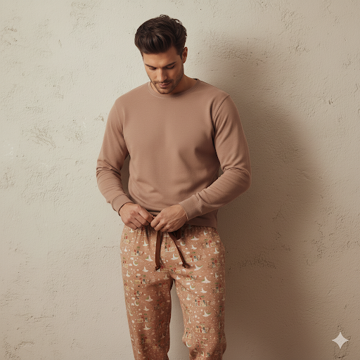 Man wearing a beige long-sleeve shirt and patterned pants against a textured wall.