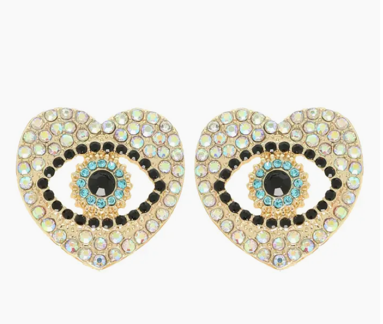 Good Vibes Evil Eye Heart Shaped Pave Earrings