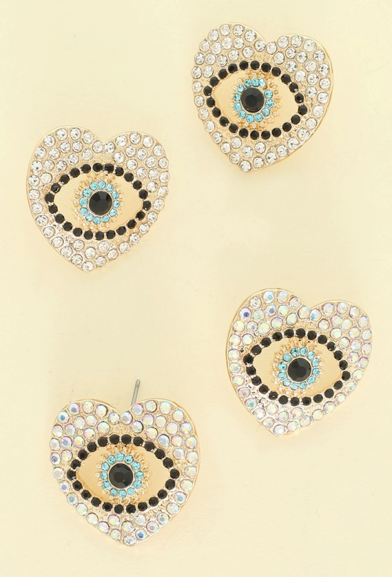 Good Vibes Evil Eye Heart Shaped Pave Earrings