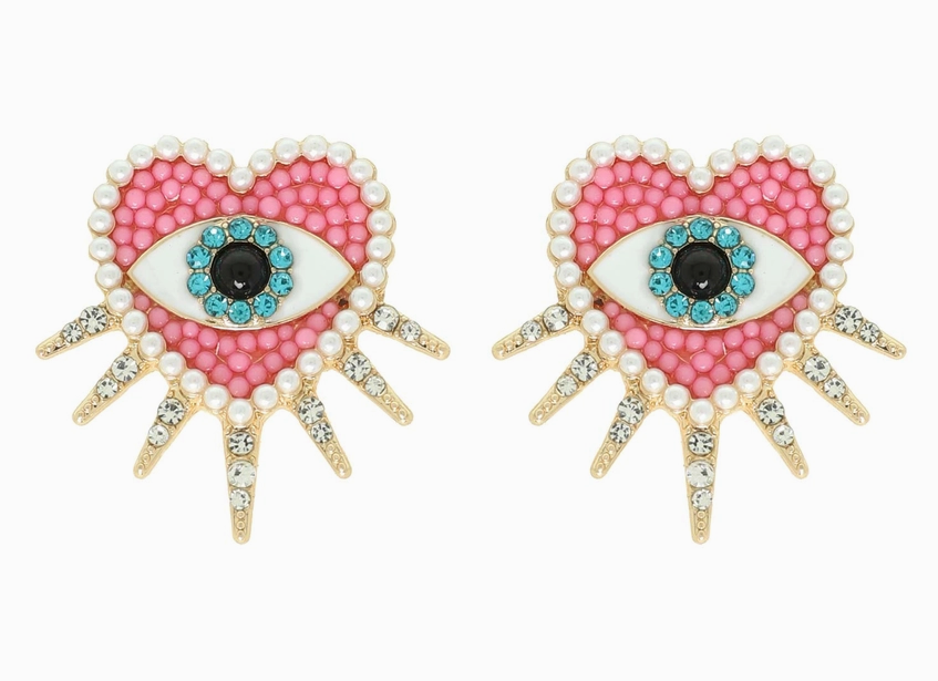 Sunburst Heart Shaped Evil Eye Earrings