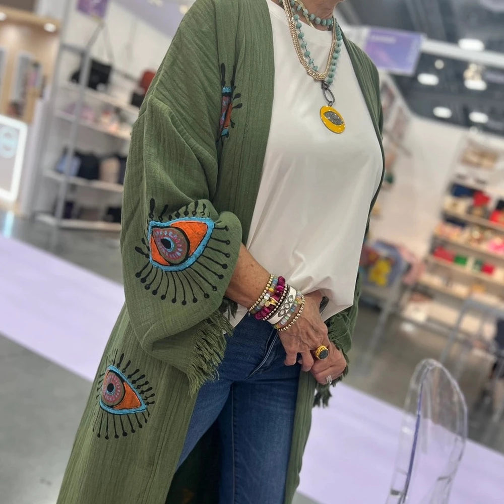 Turkish Cotton Evil Eye Robe In Green Turkish Cotton Evil Eye Robe In Green